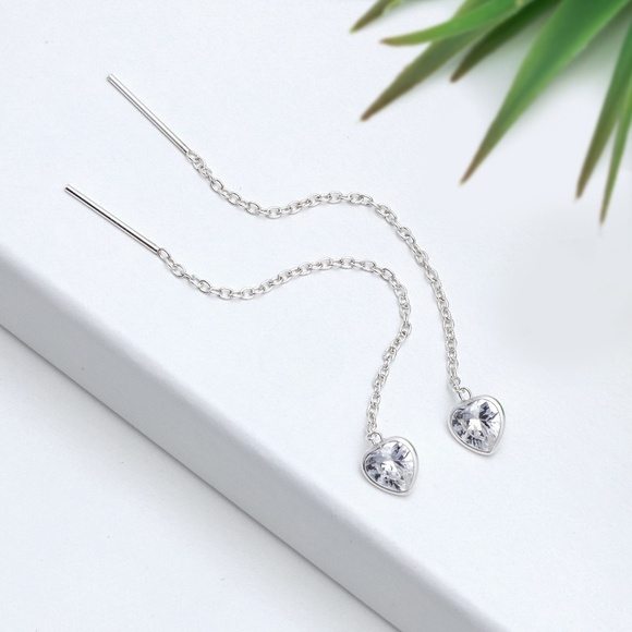 Sterling Silver Clear Cubic Zirconia Heart Threader Earrings - Picture 1 of 1